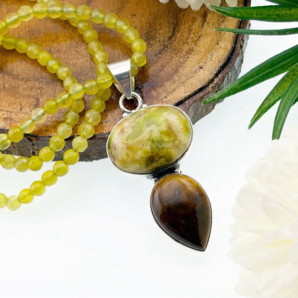 Green Opal and Tiger’s Eye Pendant Necklace Cluster Vintage Southwest Boho 925